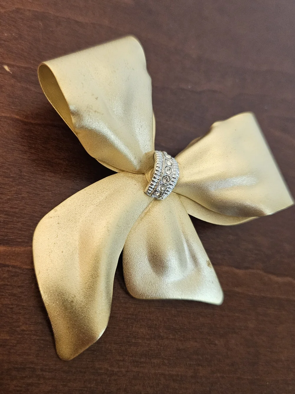 Gold Bow Brooch with Crystal Center Accent